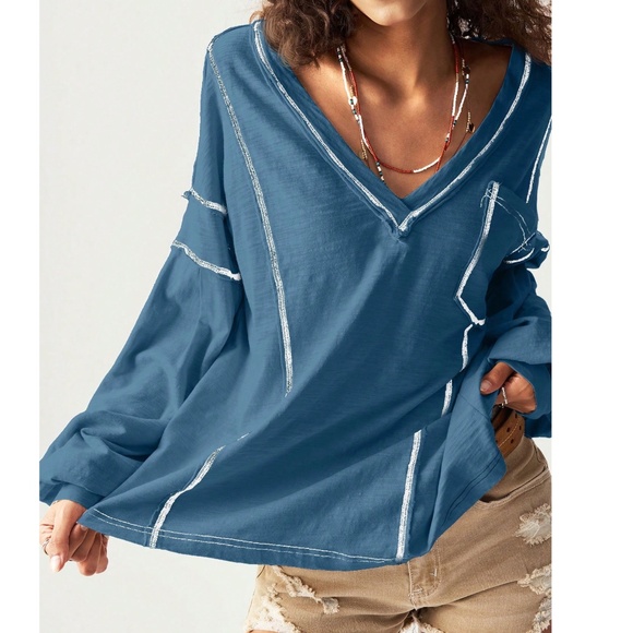 Solid V neck Reverse Stitch Pockets Oversized Long Sleeve Top - Picture 7 of 10